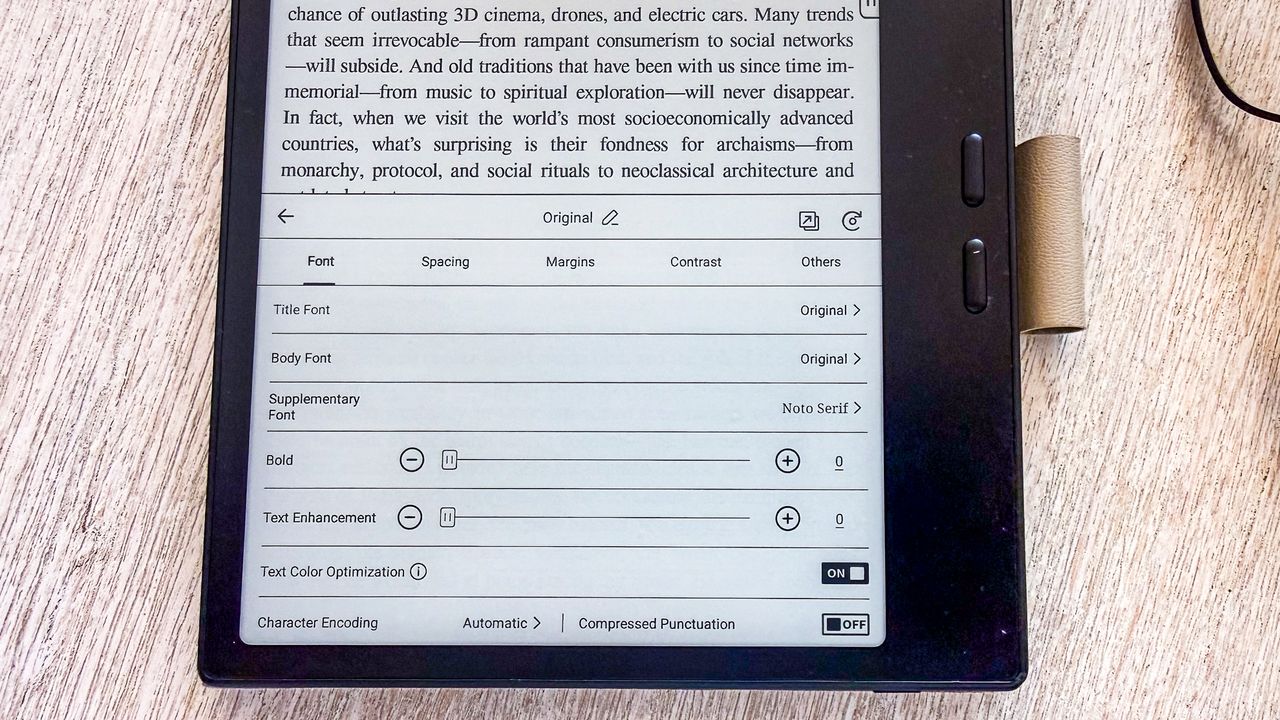 Ebook style settings in the native library app on the Boox Go 7