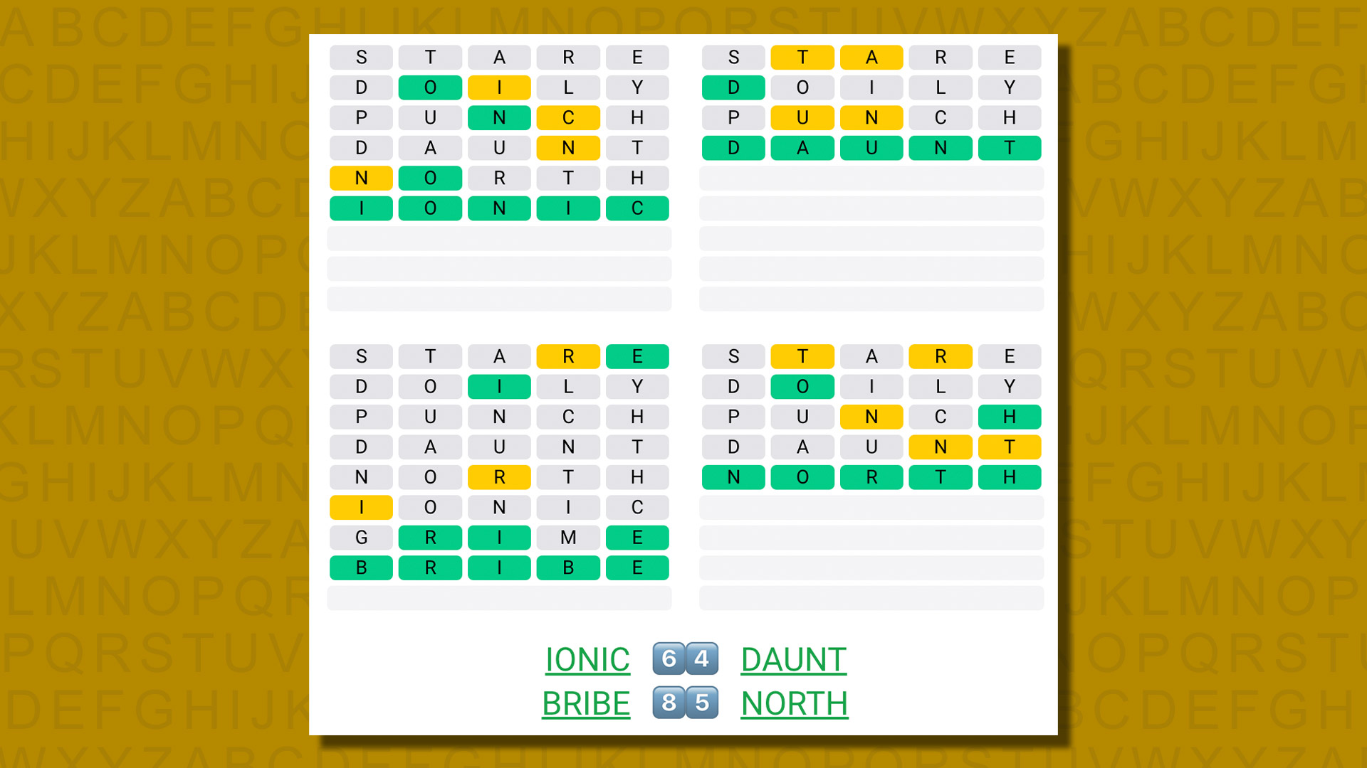 Quordle answers for game 568 on a yellow background