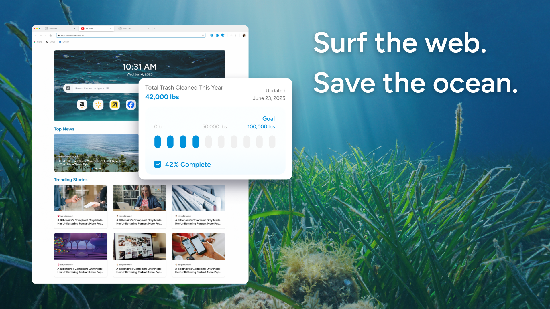 An image of the Wave Browser UI. Text Reads: "Surf the web. Save the ocean."