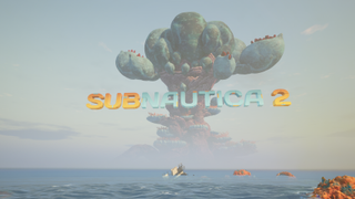 Screenshot of Subnautica 2 gameplay: large alien tree in distance in middle of sea, with words "Subnautica 2" written in orange and blue