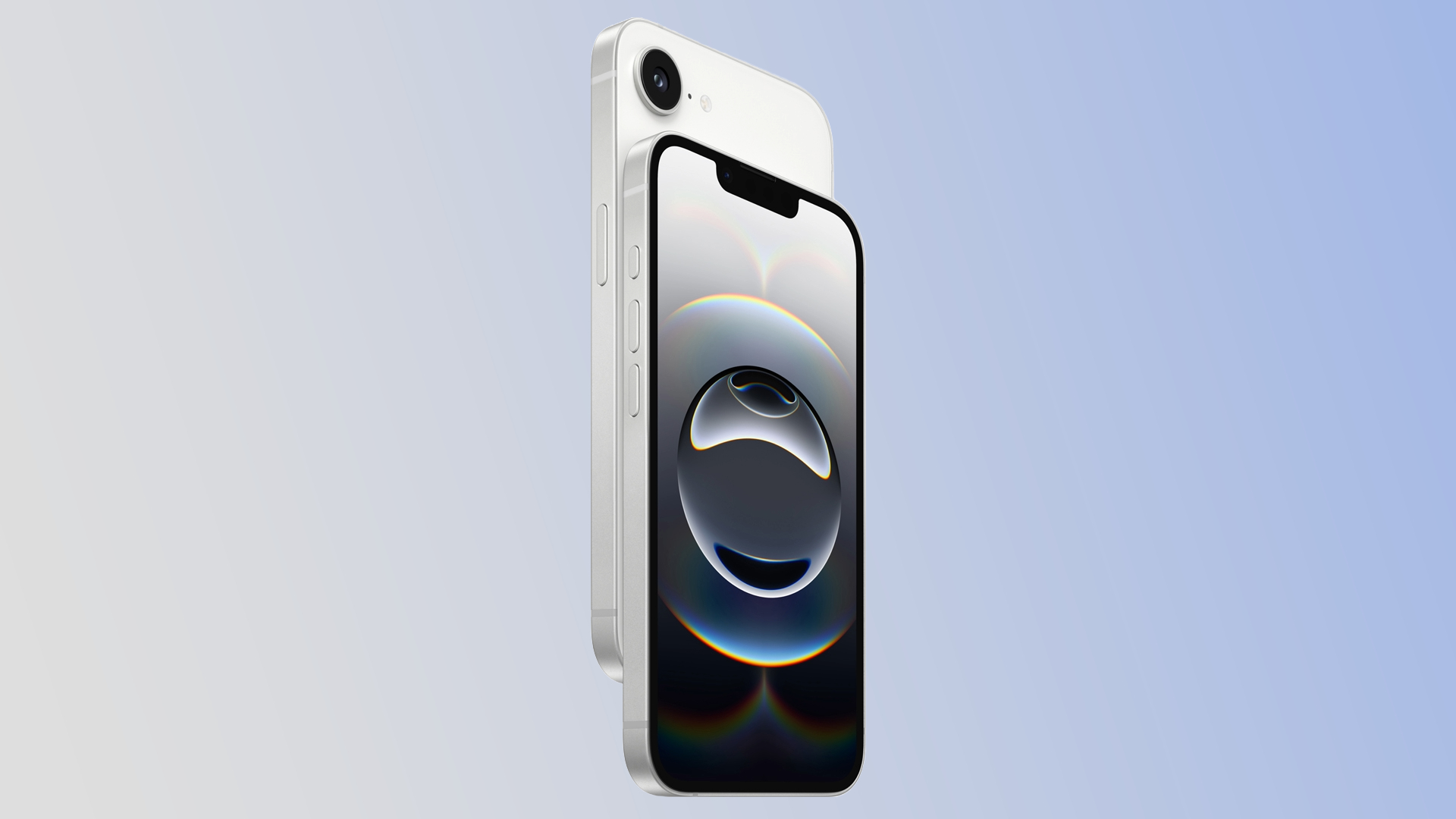 The iPhone 16e on a blue gradient background