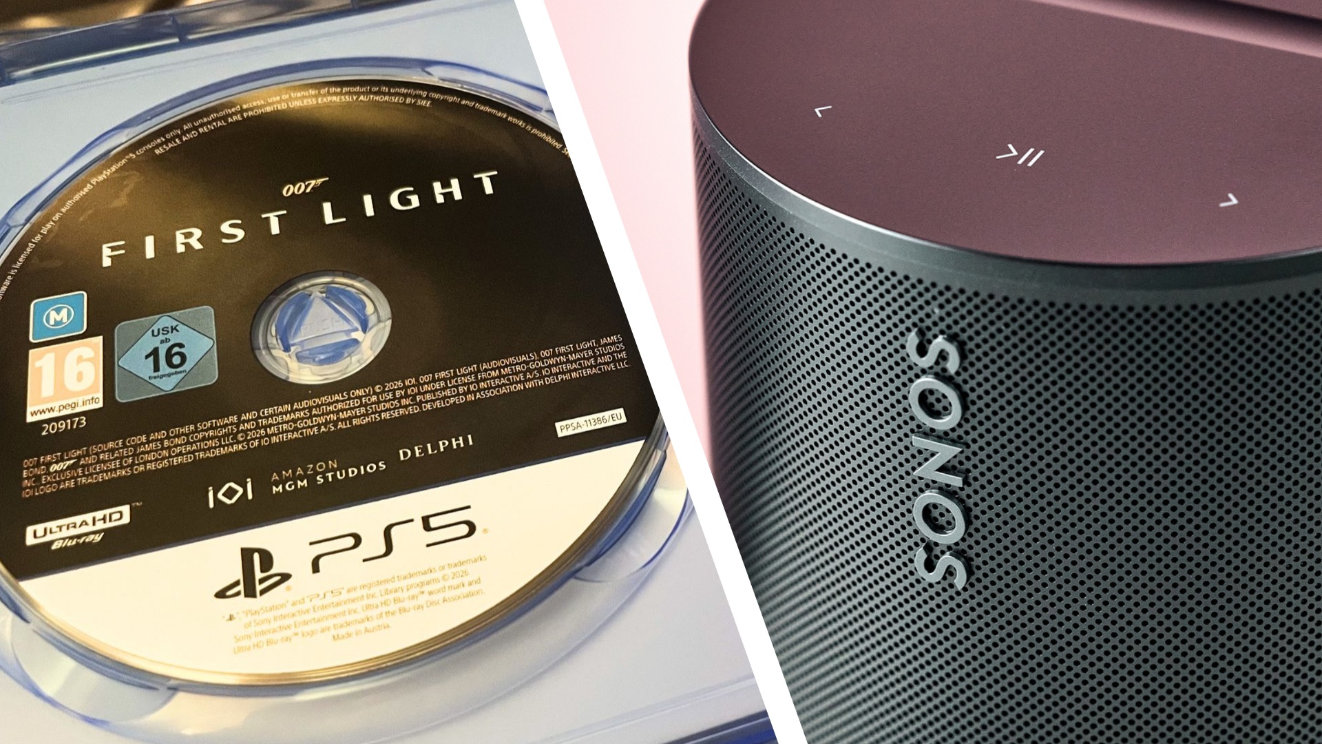 A PS5 disc for 007 First Light on the left, a photo of the Sonos logo on a speaker on the right