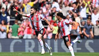 Ryan Manning of Southampton celebrates scoring his team's first goal during the Sky Bet Championship match between Southampton and Wrexham AFC at St Mary's Stadium on August 09, 2025 in Southampton, England.