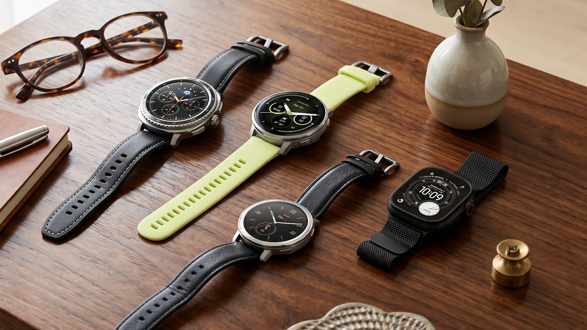 Google Pixel Watch 4, Amazfit Active 2, Samsung Galaxy Watch 8 Classic, Apple Watch Ultra 3 on an AI-generated coffee table