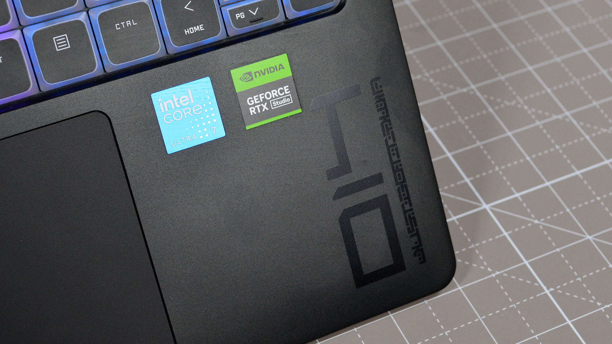 The spec stickers on the HP Omen Transcend 14