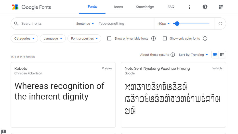 Website screenshot for Google Fonts