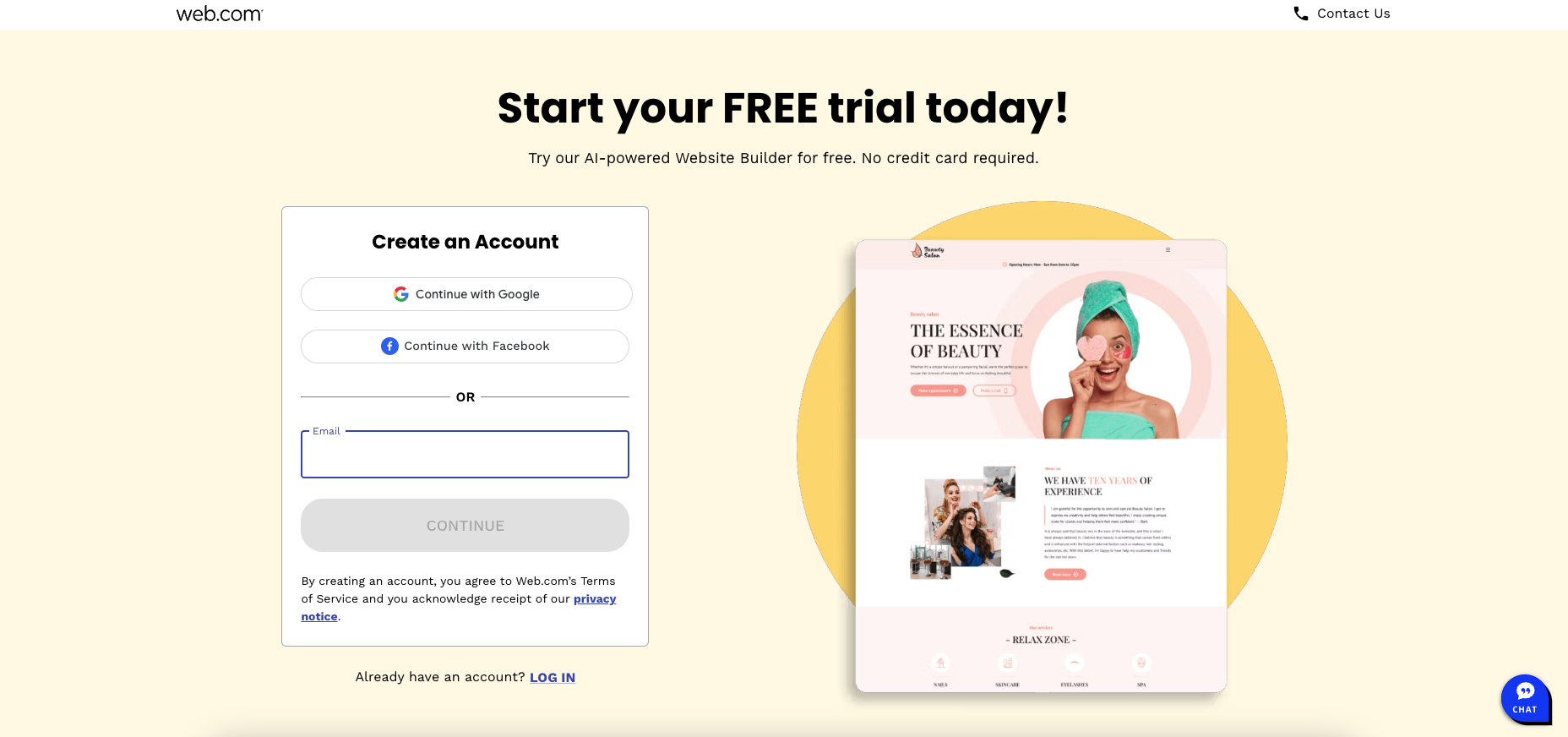creenshot of web.com free trial sign up page 