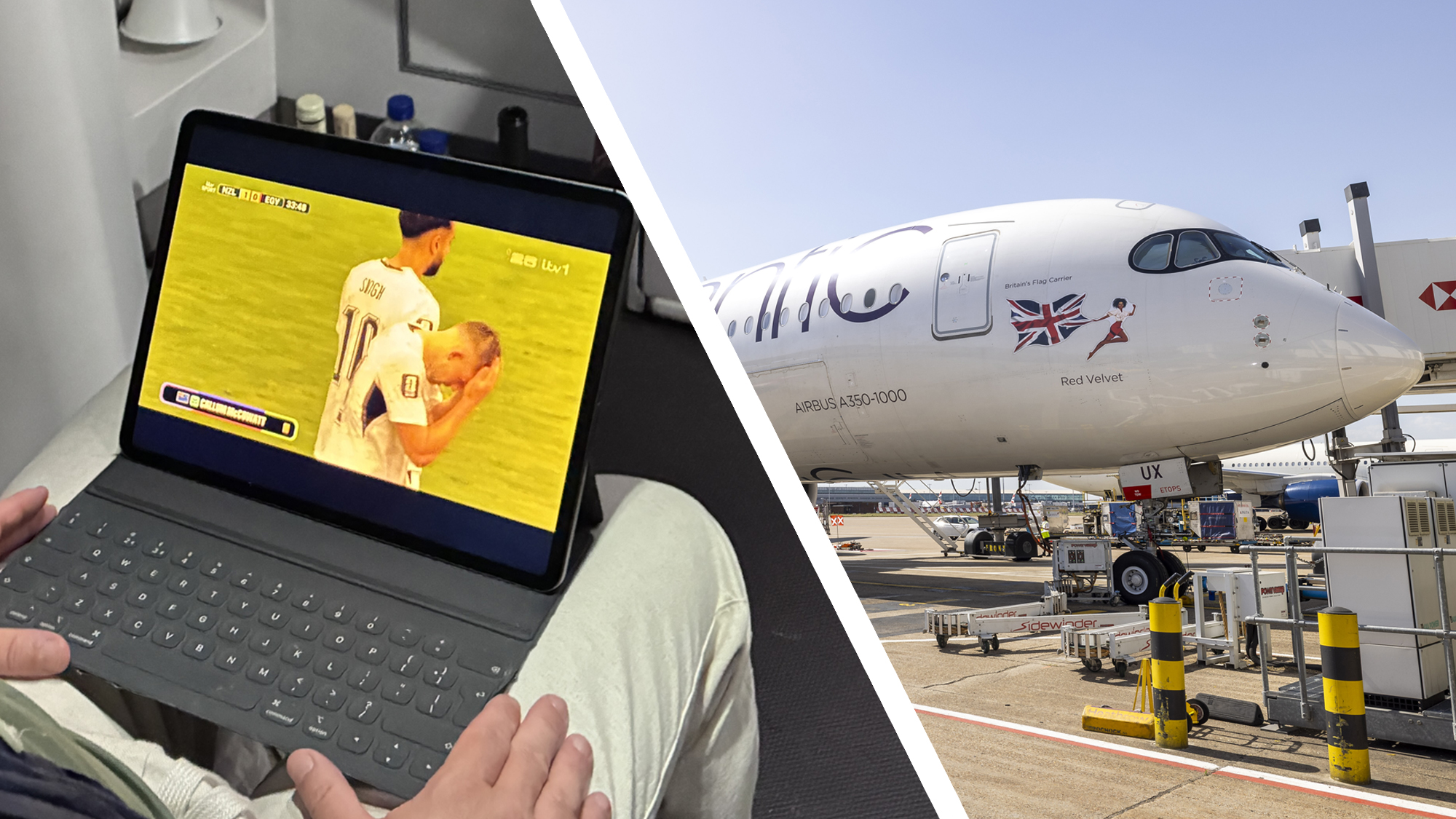 A laptop on a person's lap during a flight showing the World Cup, next to a plane docked at an airport