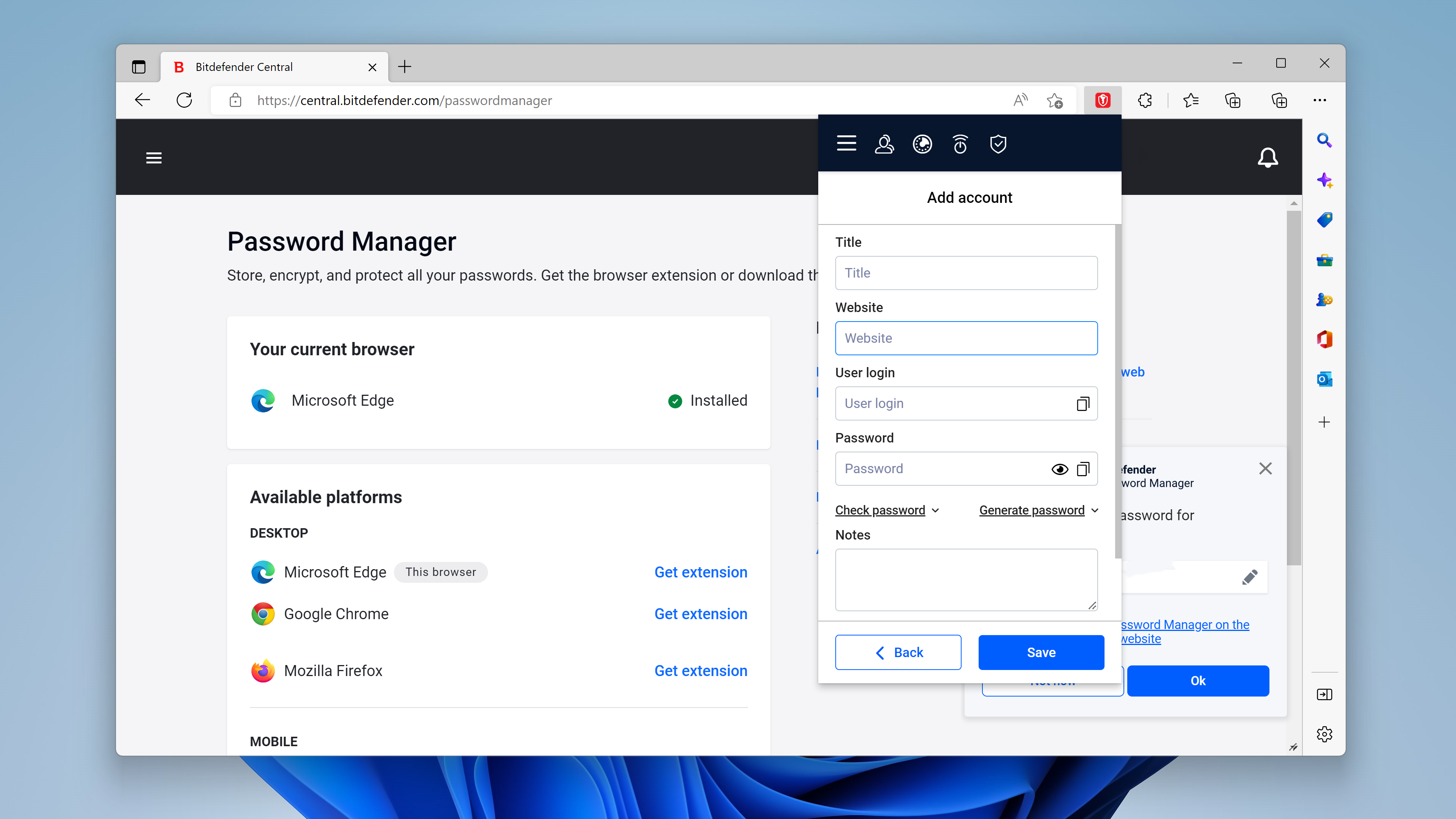 Bitdefender Password Manager add account