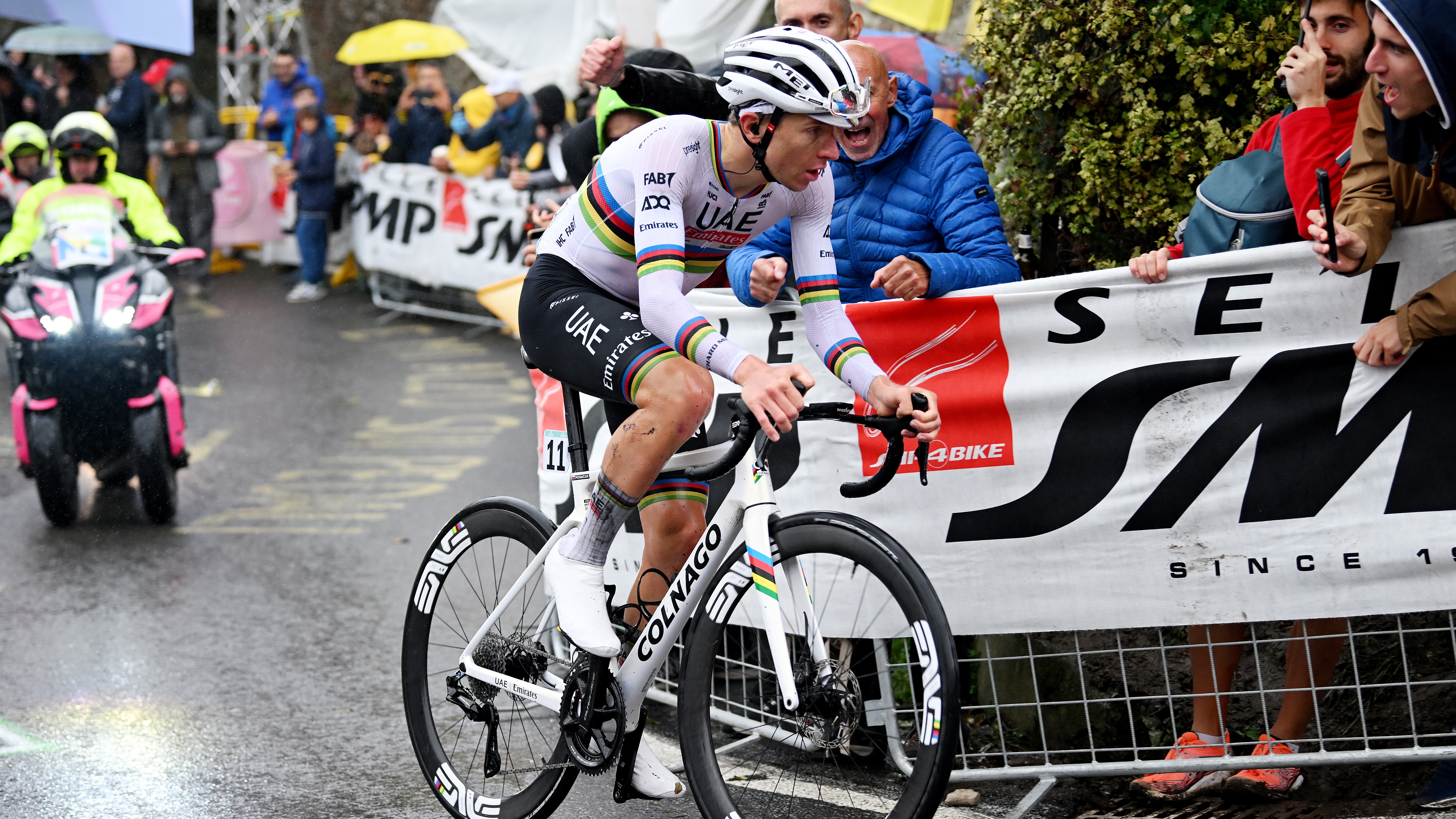 Tadej Pogacar of Slovenia and Team UAE Team Emirates competes in the rain ahead of the Tre Valli Varesine 2024 