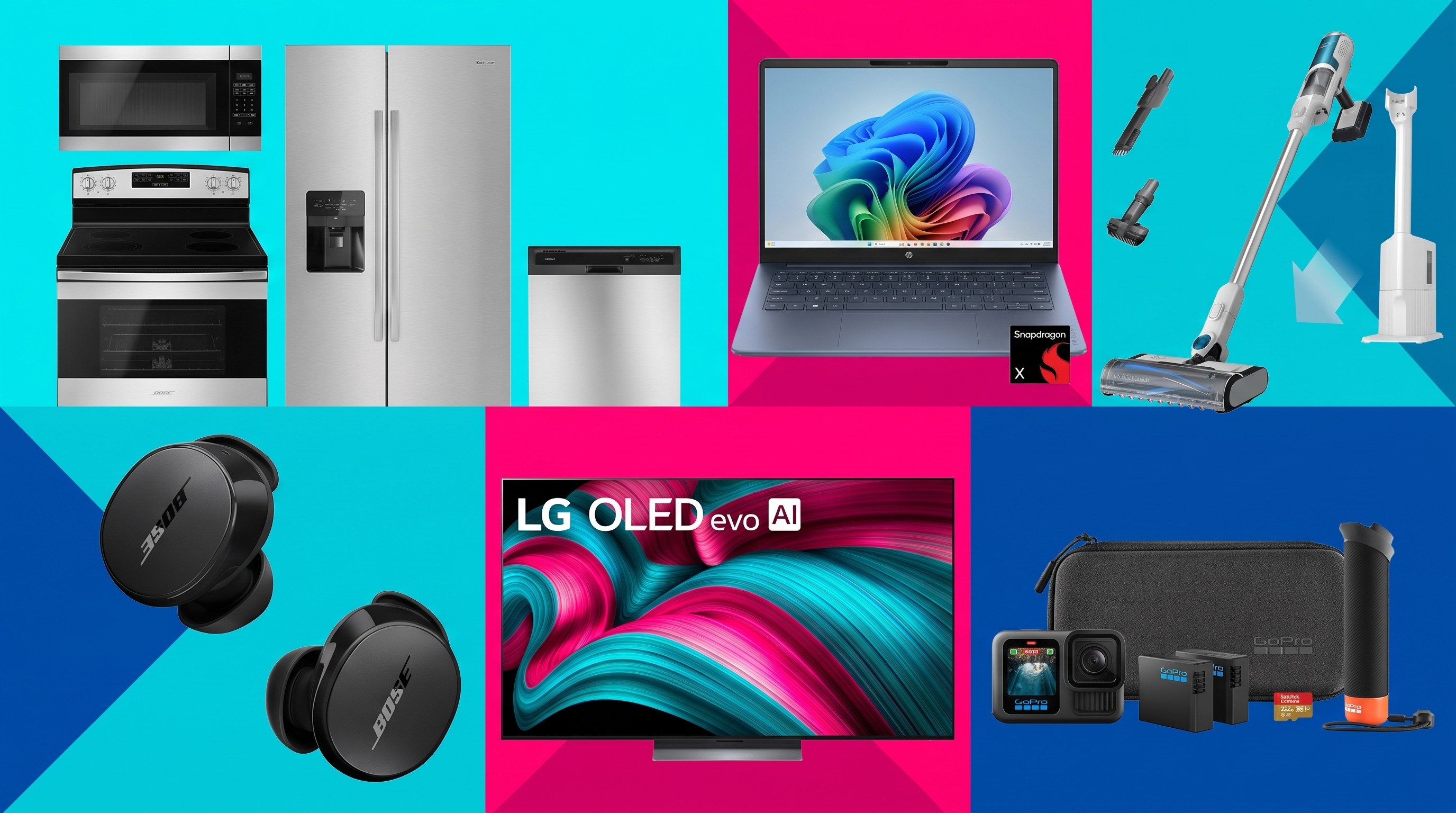 A collage of tech from the Best Buy 4th of July sale, including major appliances, a HP laptop, Shark vacuum, Bose earbuds, LG TV and GoPro.
