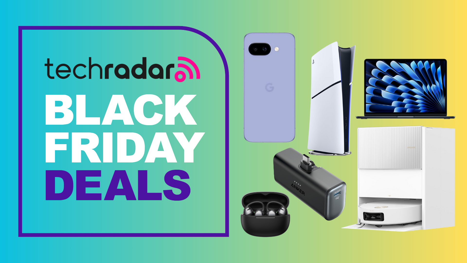 A robot vacuum, MacBook, PS5 console, smartphone, portable charger and true wireless earbuds on a TechRadar Black Friday deals background