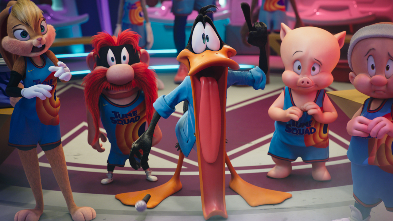 Daffy Duck, Porky Pig, Yosemite Sam, Elmer Fudd and Lola Bunny in Space Jam: A New Legacy