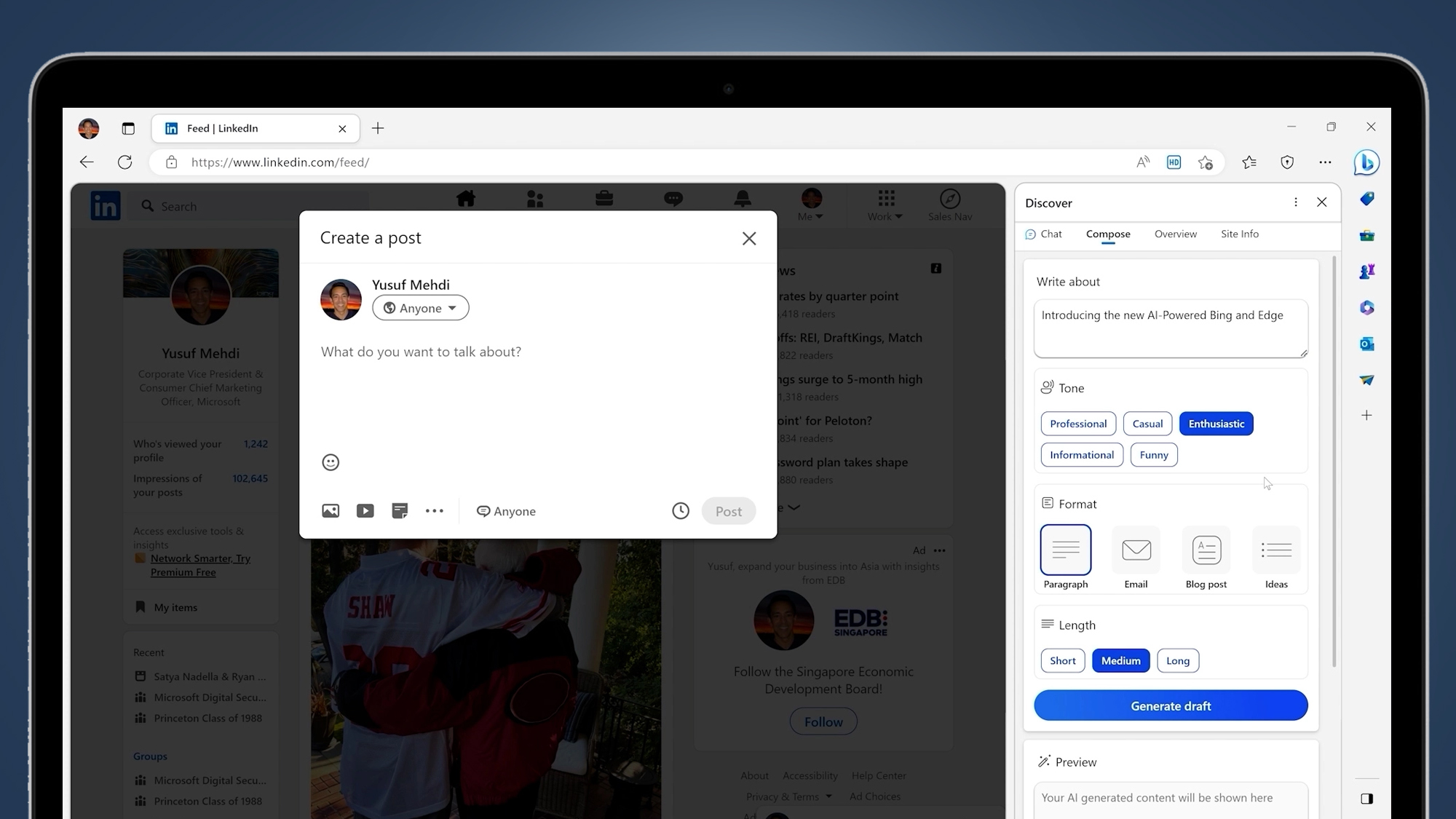 A laptop screen showing the new Microsoft Edge browser