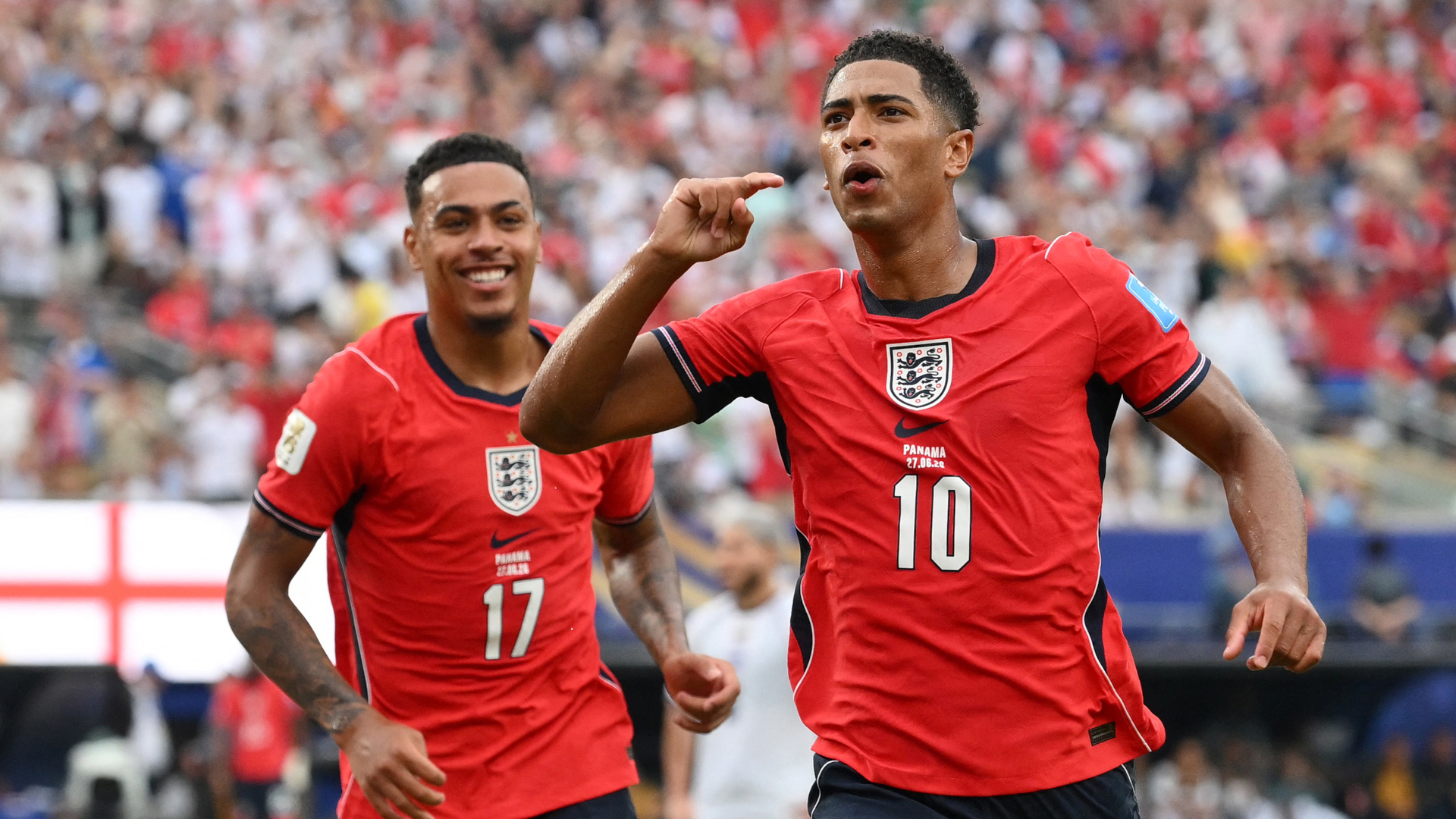 Morgan Rogers and Jude Bellingham celebrate a goal for England at the FIFA 2026 World Cup