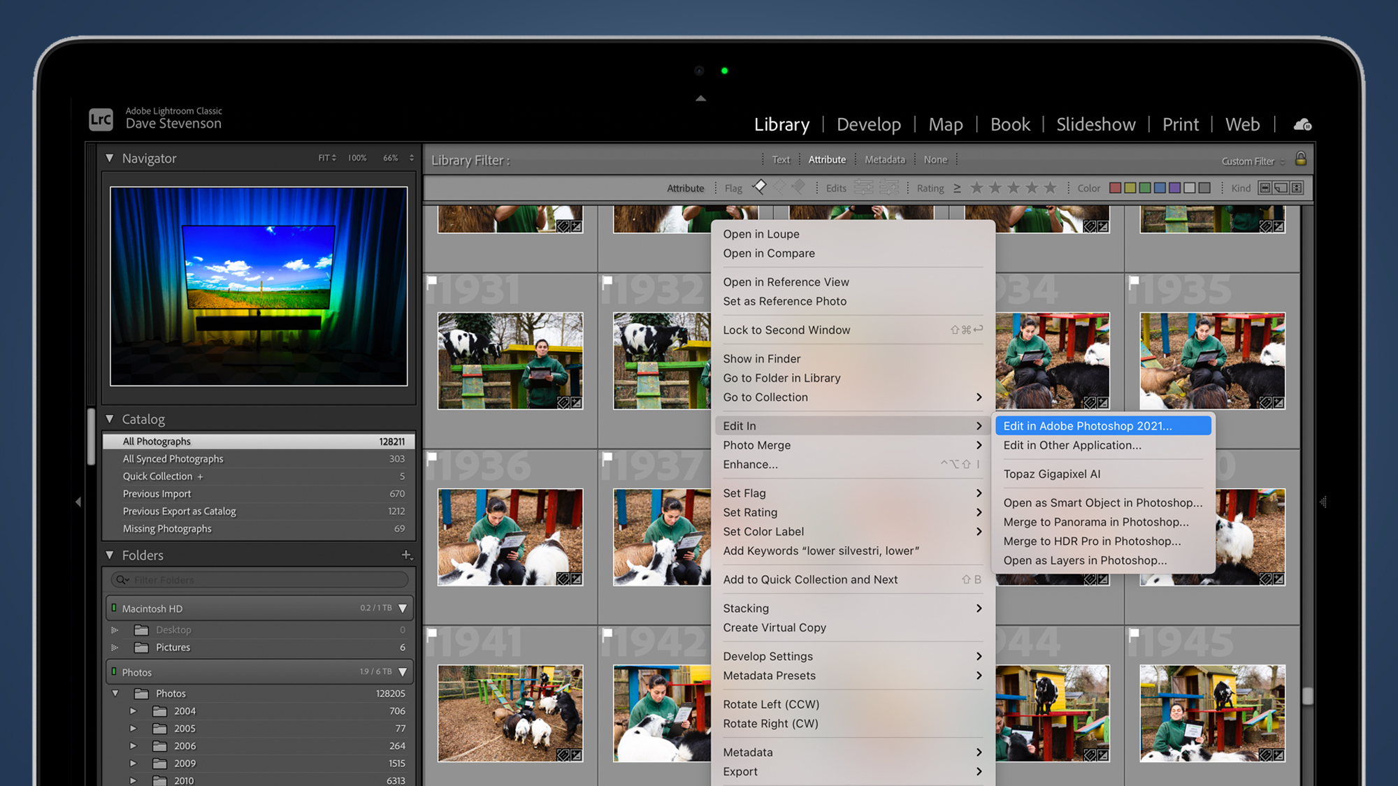Laptop screen showing 'edit in Photoshop' menu