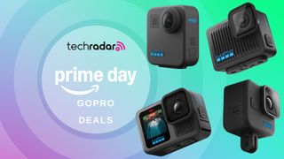 Various GoPro cameras on multicolored background with concentric circles and techradar logo and Amazon Prime Day log, with text reading 'gopro deals'