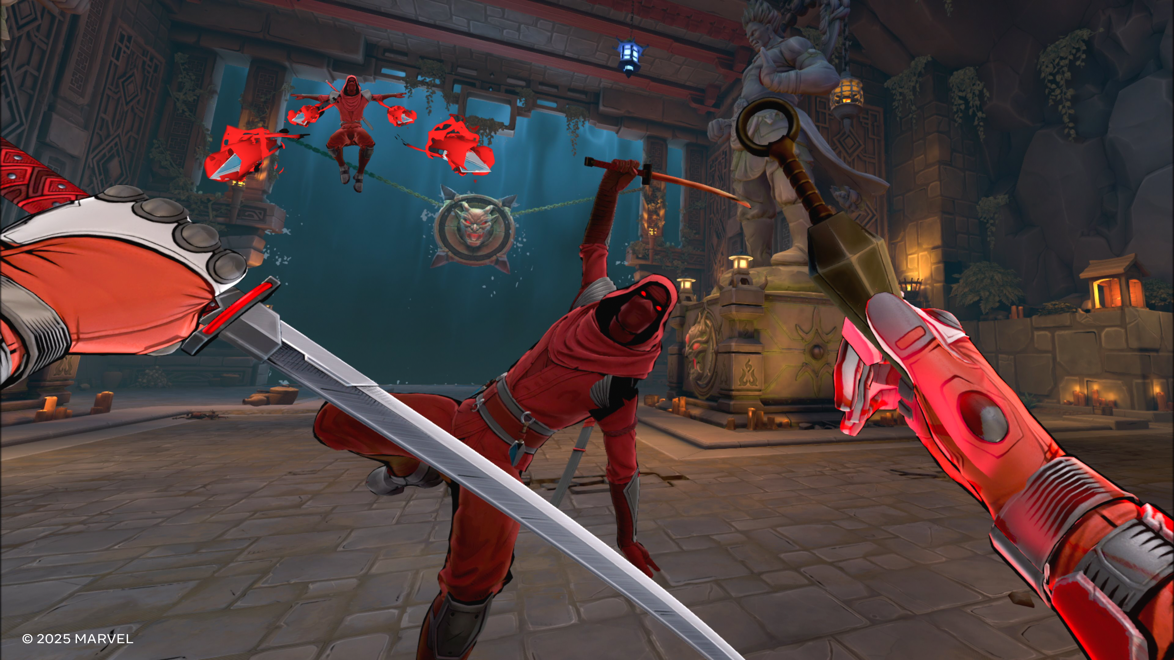 Deadpool fighting Hand ninjas with kunai