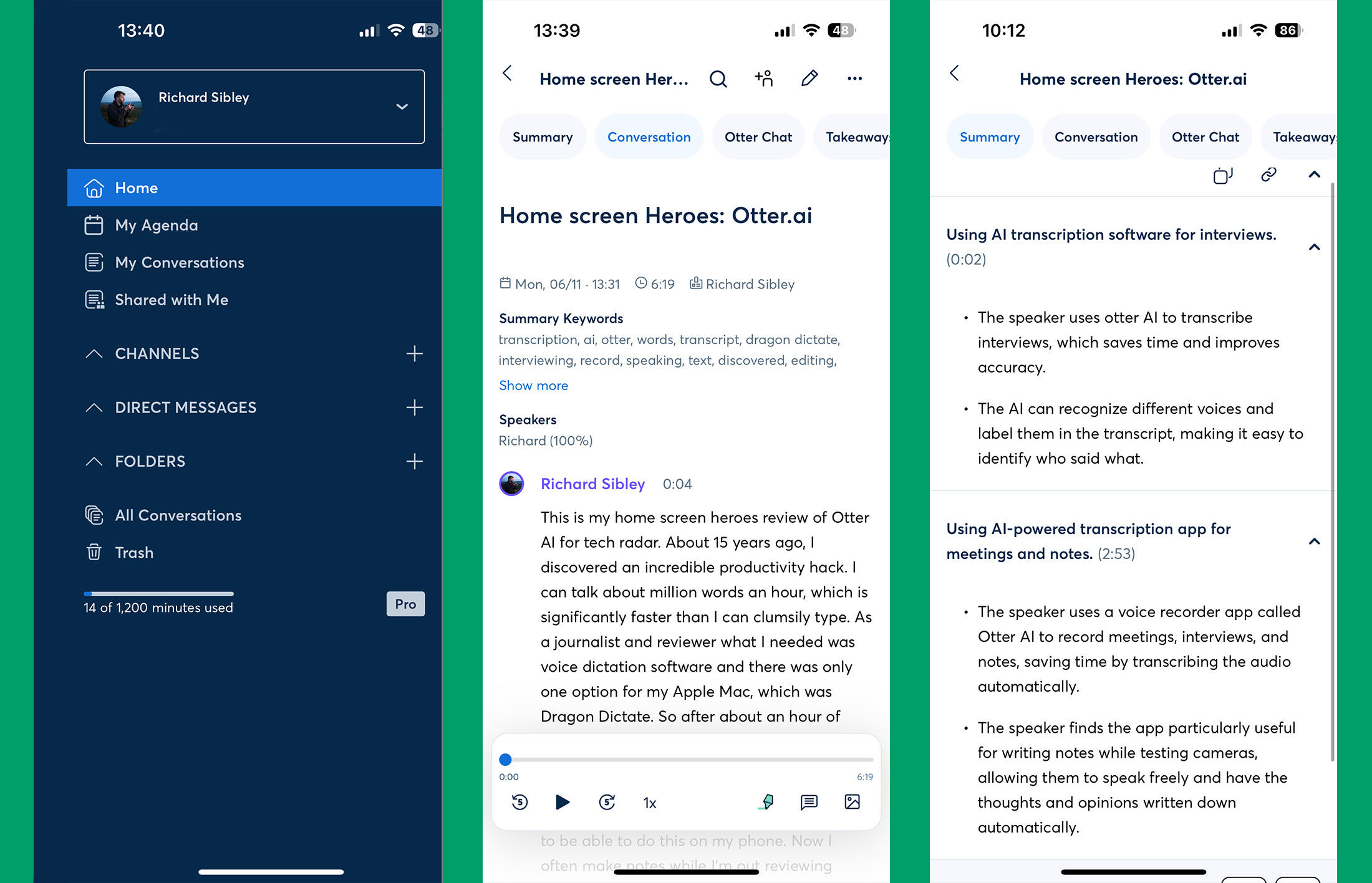 A variety of app screen from Otter.ai showing the main menu, a sample of a transcription and the ai generated summary of a transcription
