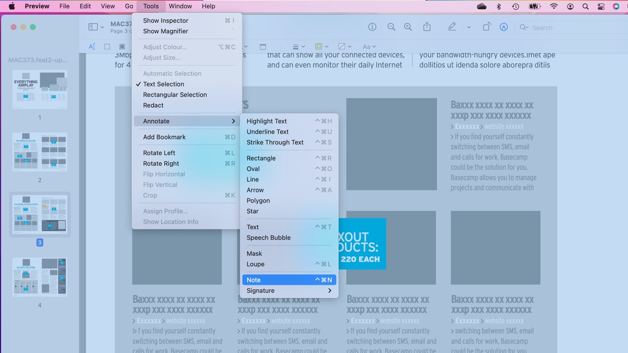 Screen shot showing options for annotating PDFs in Preview