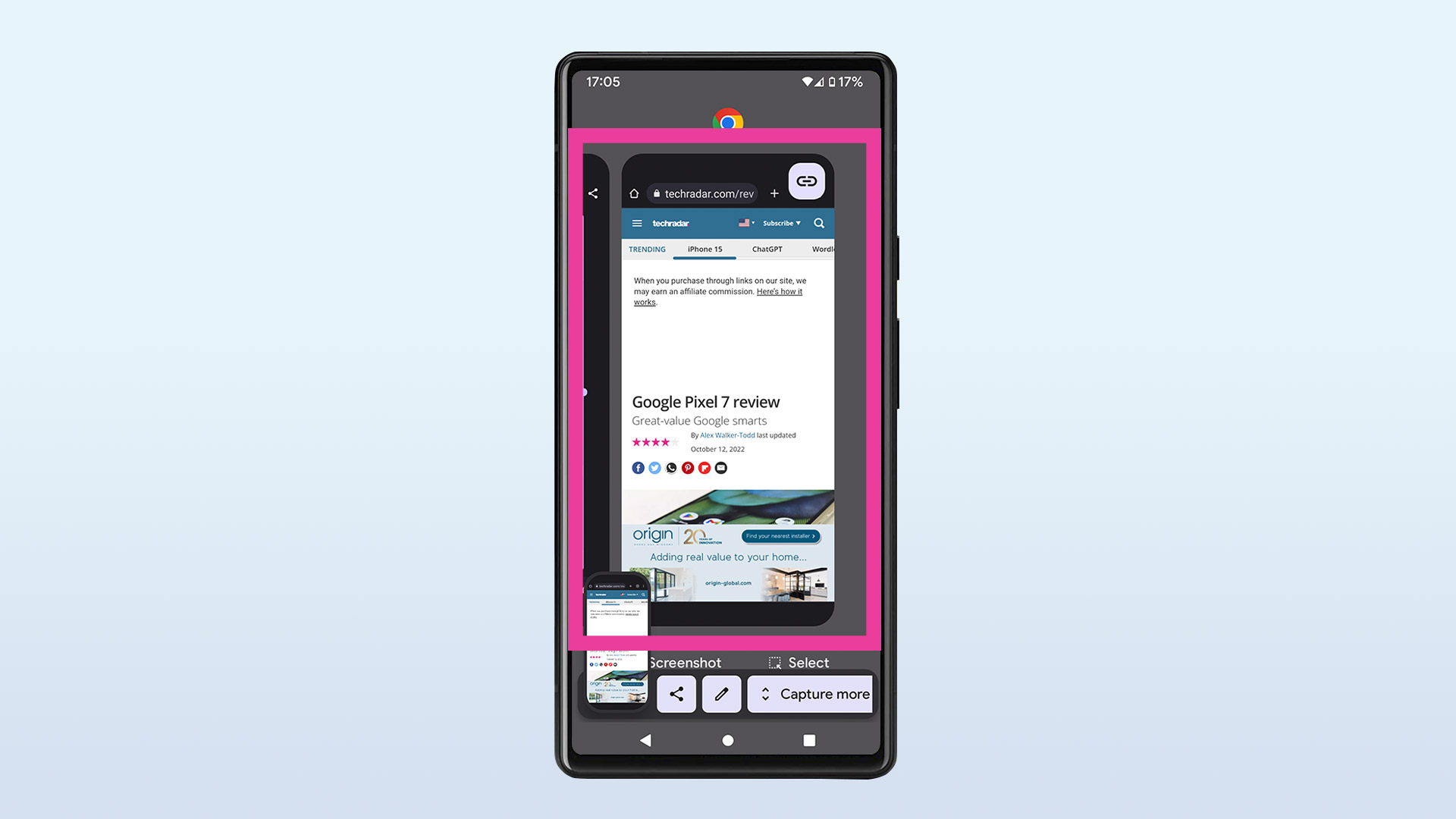 Screenshot of a Google Pixel 6 on a blue background, showing the option to browse open apps and take screenshots