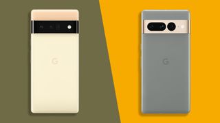 Google Pixel 6 Pro in Sorta Sunny next to Google Pixel 7 Pro in Hazel on split two-color background