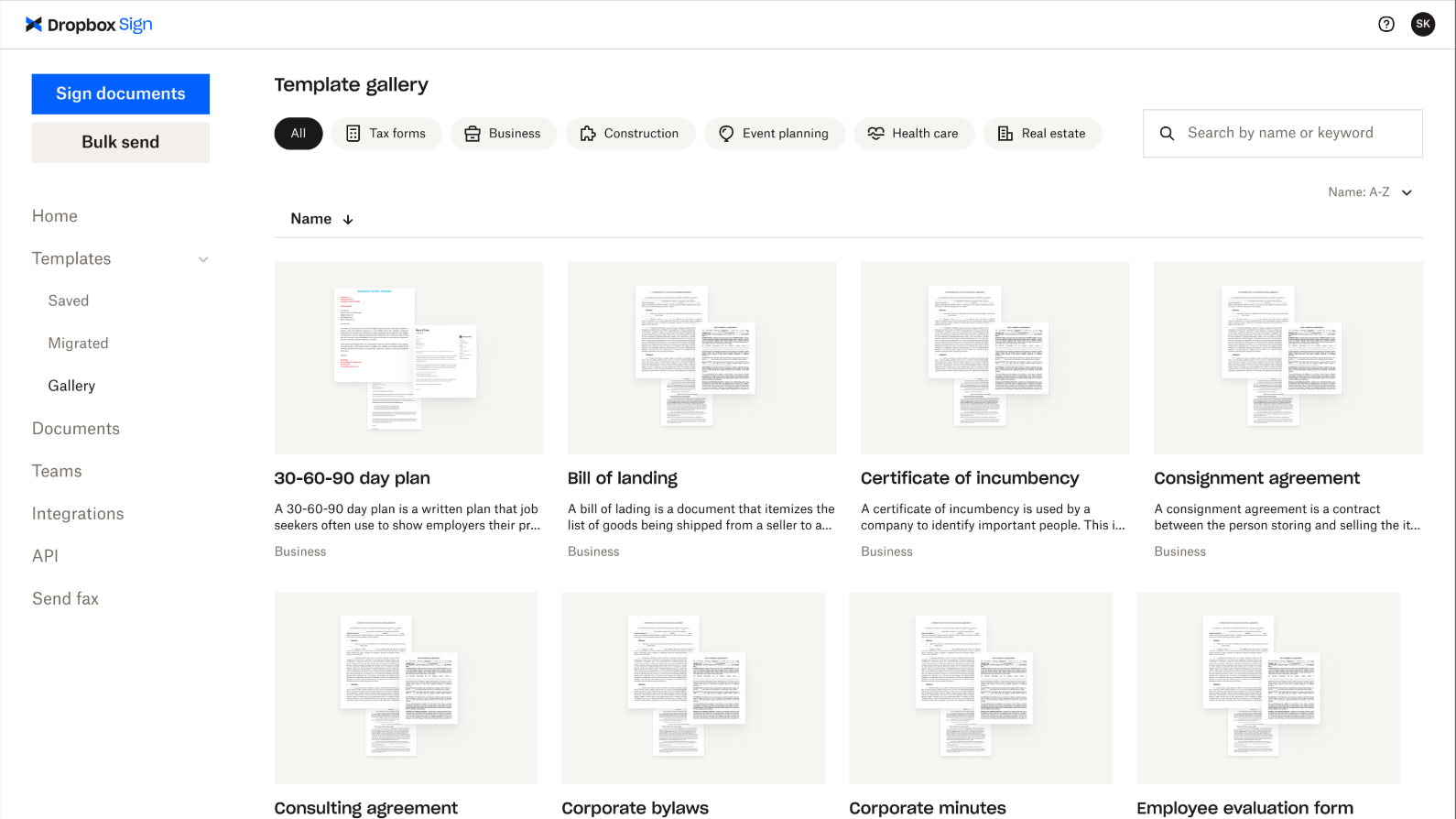 Dropbox Sign template gallery