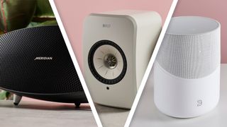 A triptych image featuring the Meridian Ellipse, KEF LSX II LT and the Bluesound Pulse M.