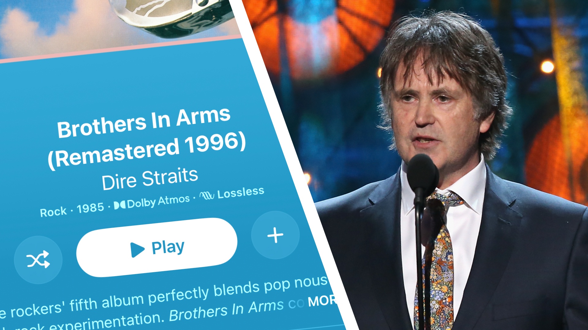 A close-up of the Apple Music screen for Brother in Arms, showing that it plays in Dolby Atmos, which is positioned next to an image of Dire Straits producer Guy Fletcher