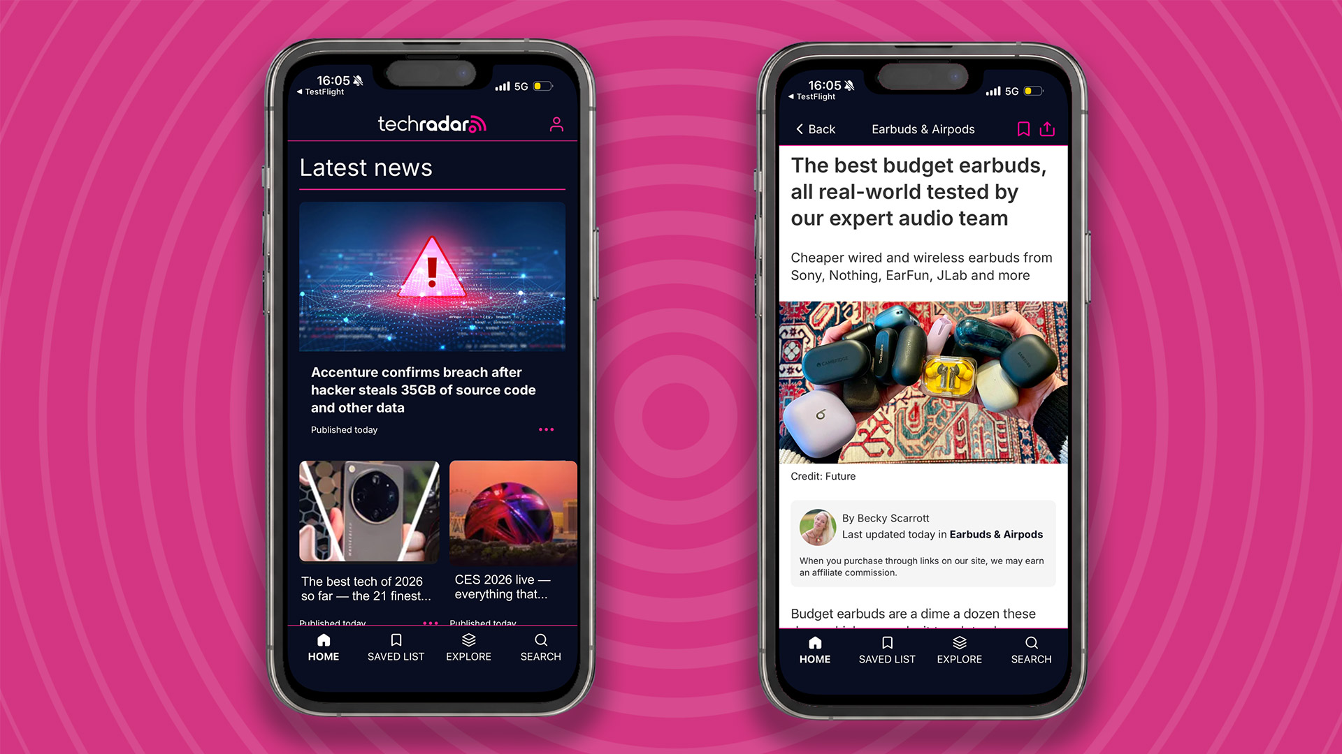 Two iPhones showing the TechRadar app