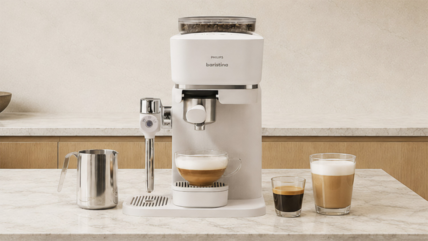 Philips Baristina Latte coffee maker with coffee drinks on kitchen counter