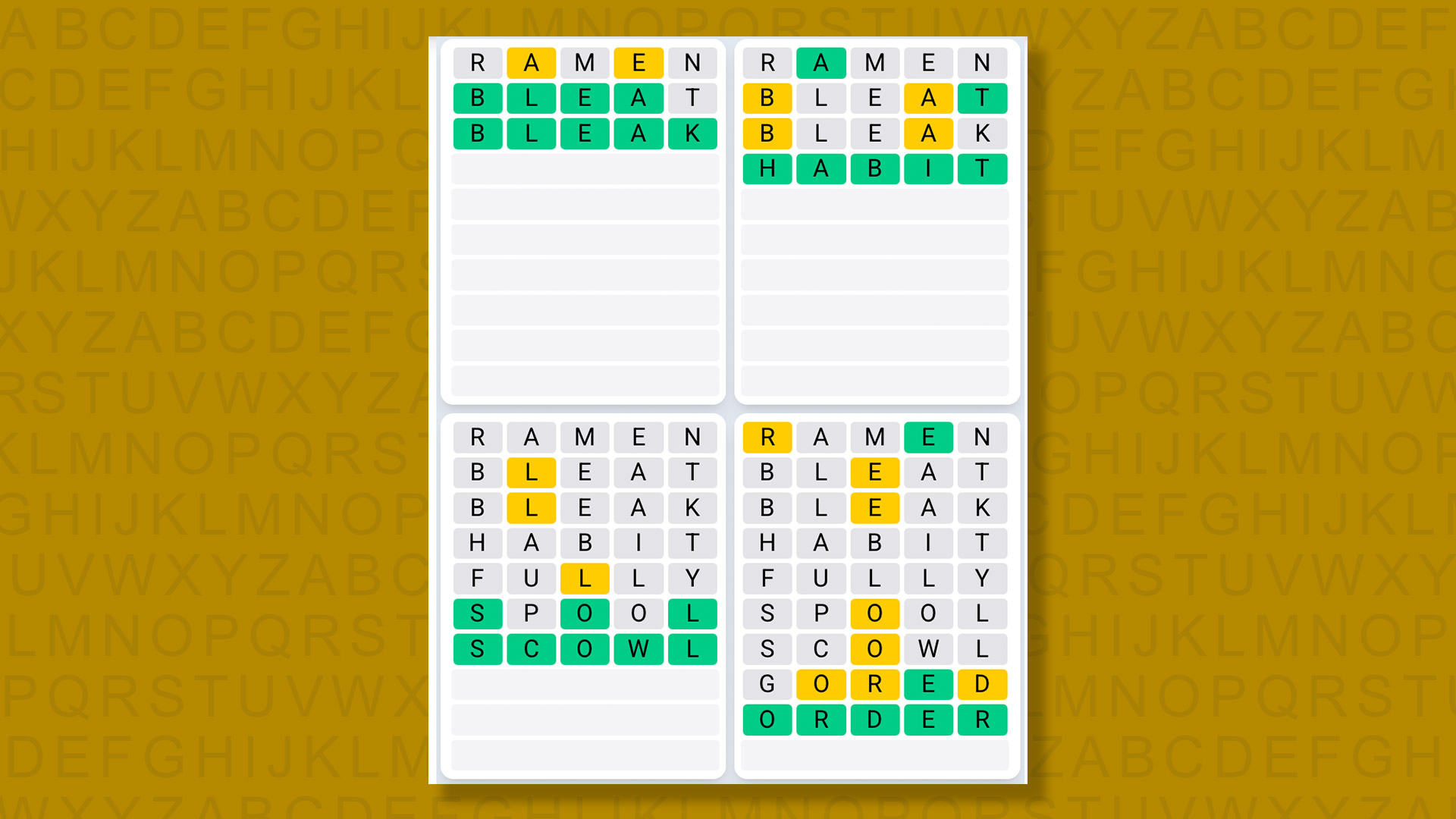 Quordle Daily Sequence answers for game 1558 on a yellow background
