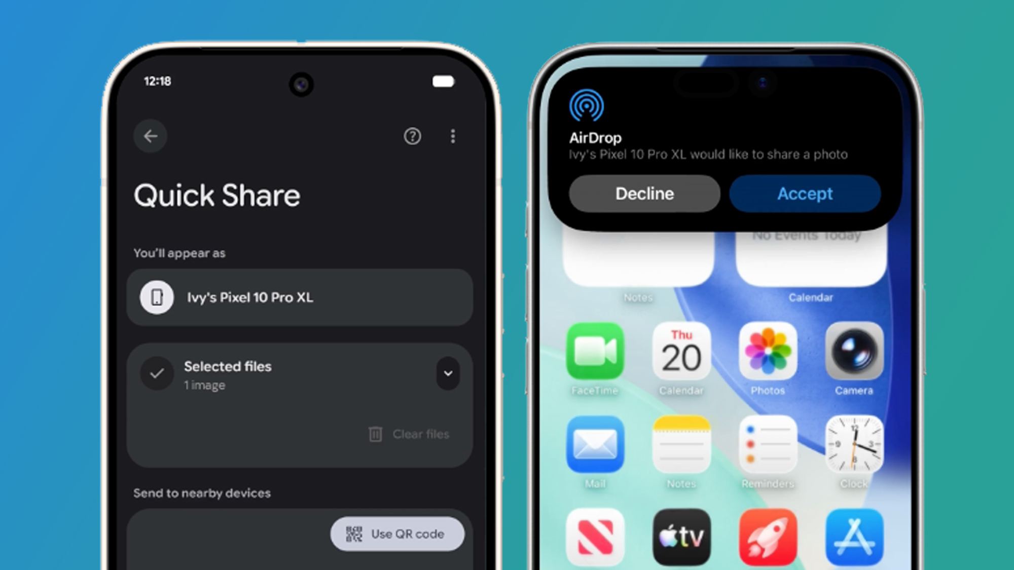 An Android phone and iPhone on a blue and green background sharing files