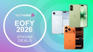 Apple iPhones on a gradient background with EOFY iPhone deals text on the side