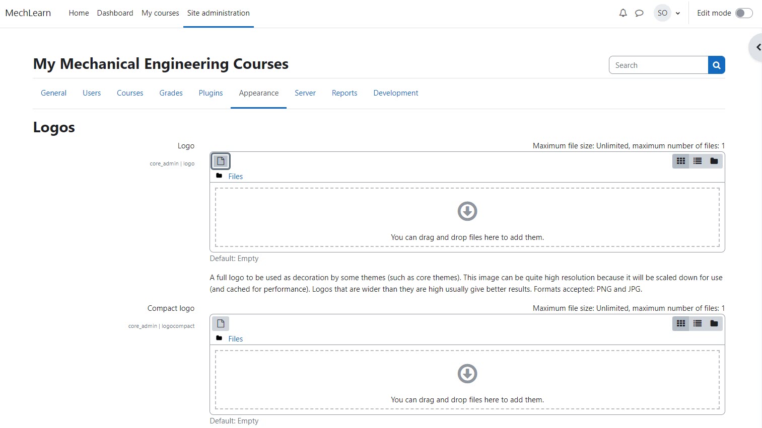 Screenshot of the Moodle Logos administration page
