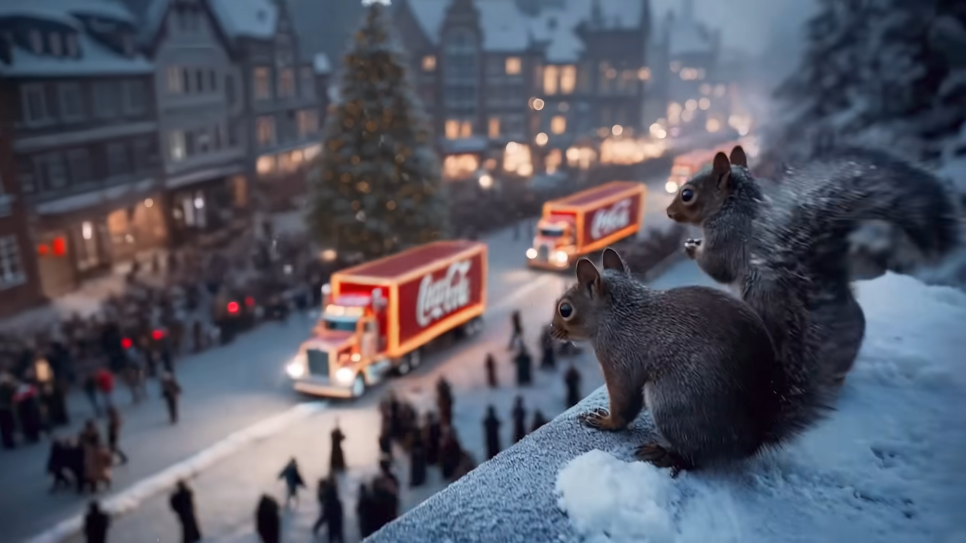 AI squirrels look at Coca-Cola trucks