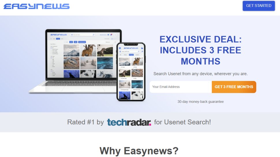 Website screenshot of Easynews (December, 2025)