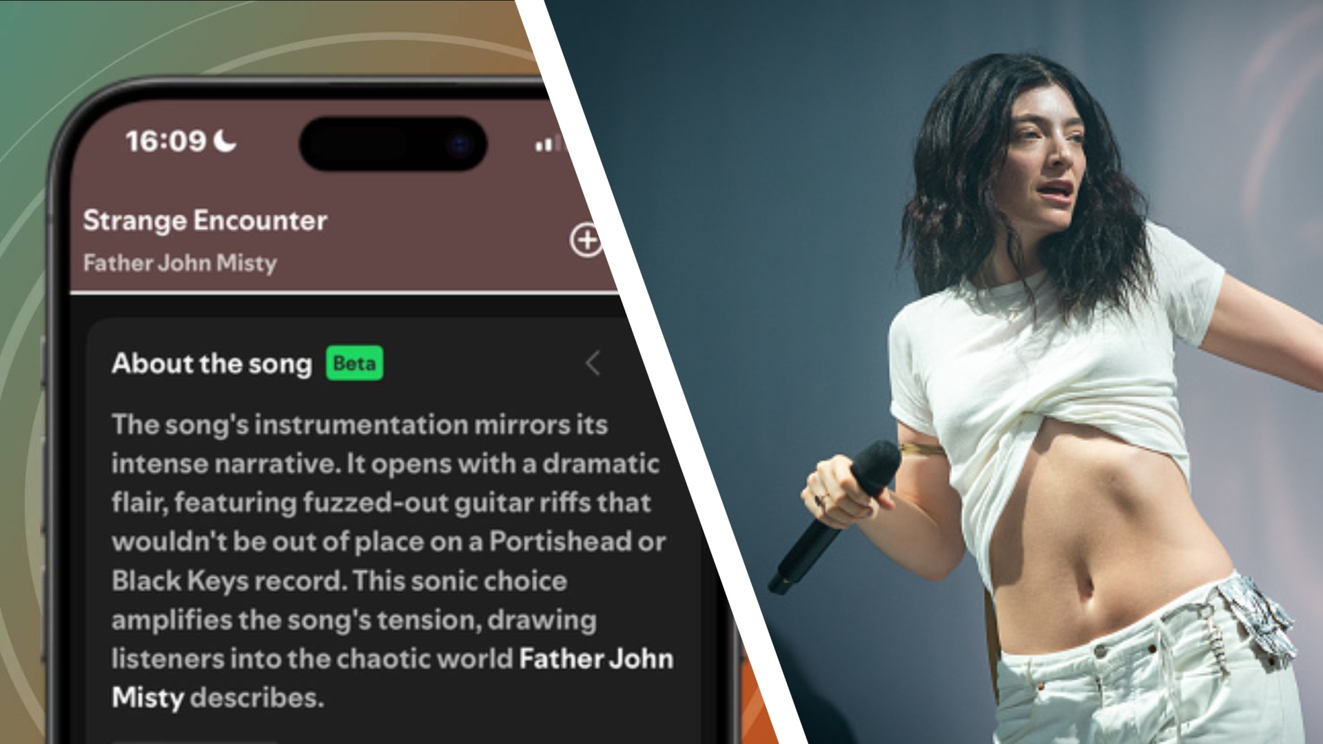 Lorde performs during day three of Glastonbury festival 2025, and Spotify's About the Song feature on a smartphone
