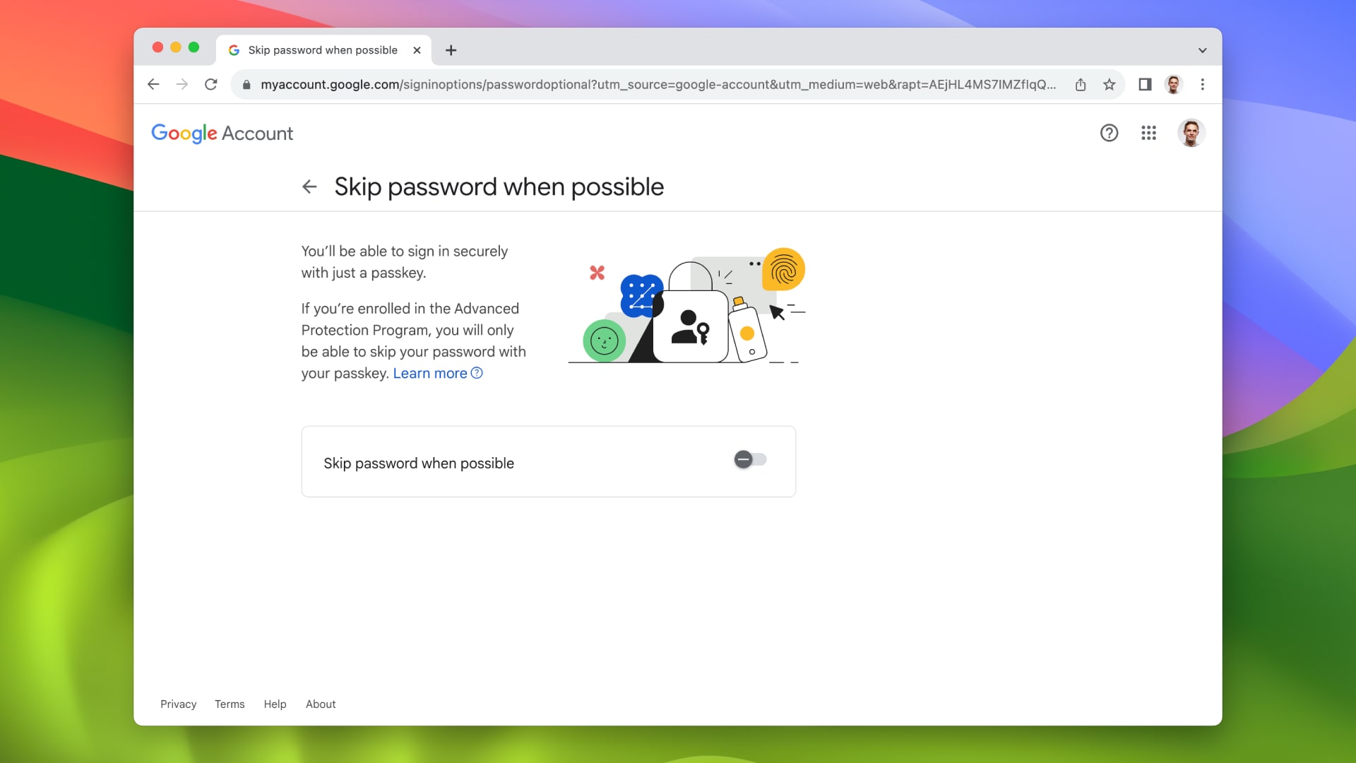 A settings page in a user's Google account. A user has disabled passkeys as the default log-in method for the account.