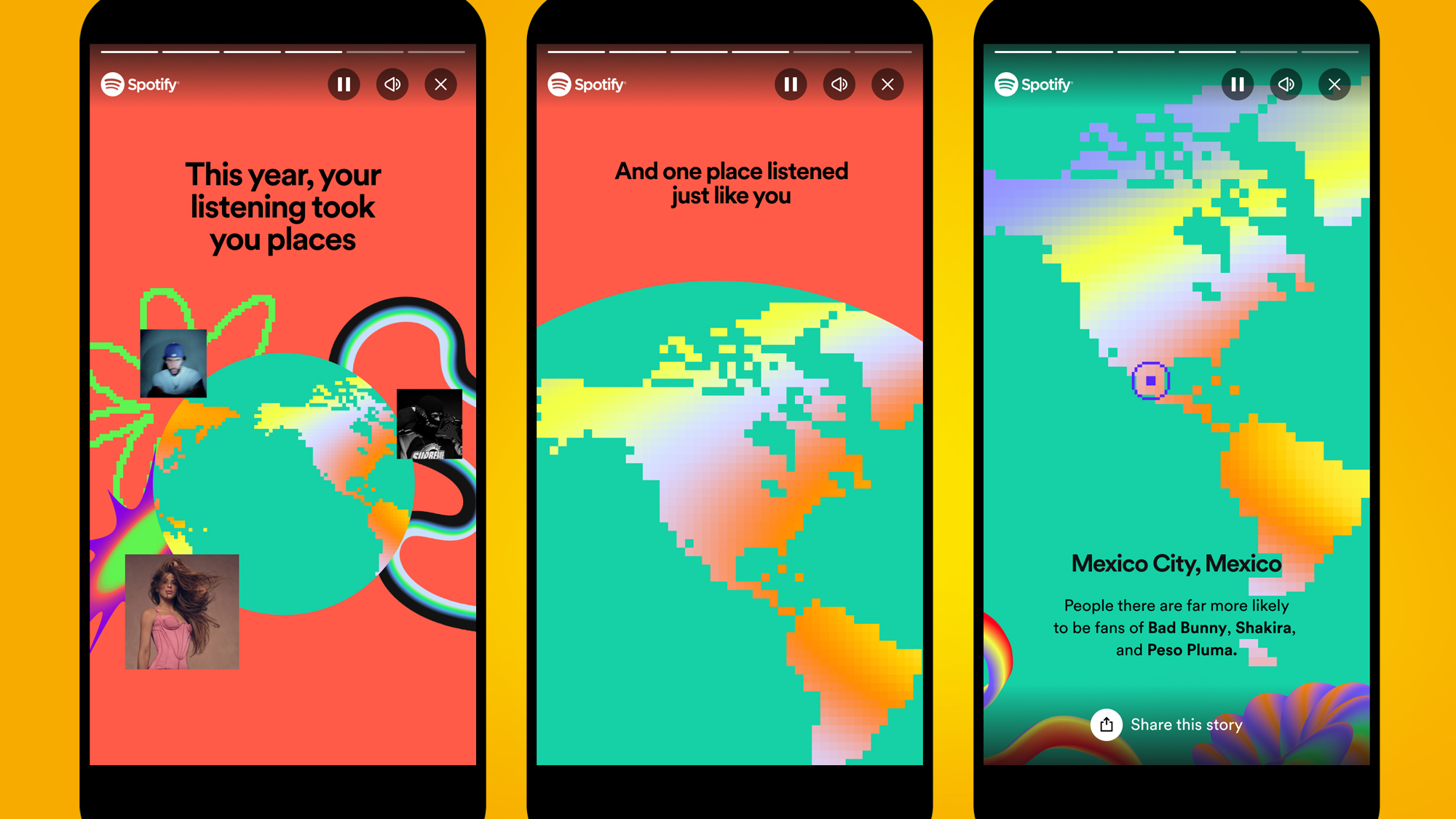 Three phones on an orange background showing the Spotify Wrapped 2023 Sound Town feature