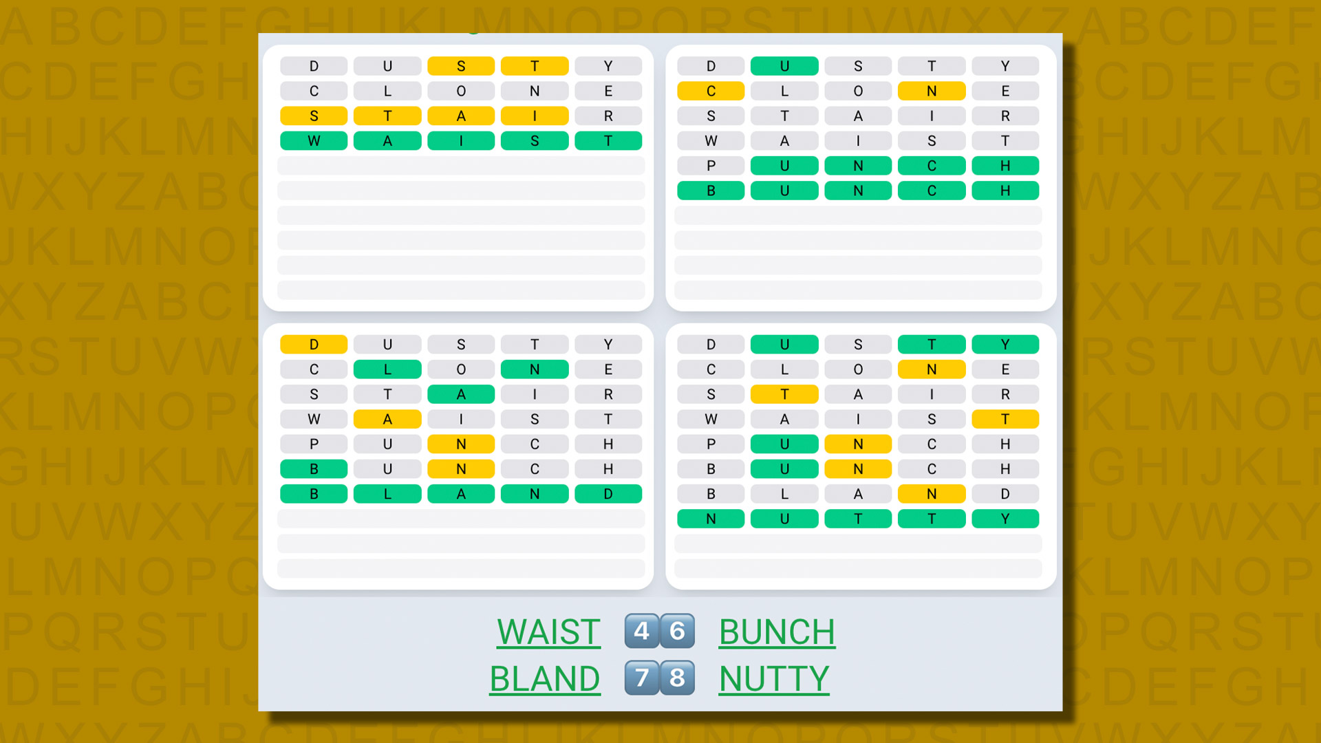 Quordle daily sequence answers for game 554 on a yellow background