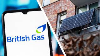 A British Gas logo on a phone next to plug-in solar panels on a balcony