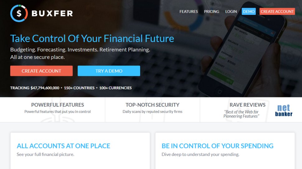 Website screenshot of Buxfer (January, 2026)