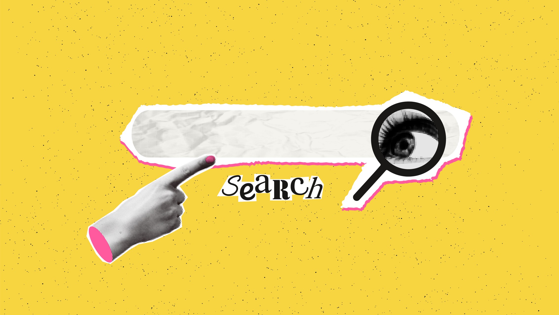 Halftone hand pointing on search bar with copy space. Browsing online information, data, surfing internet. SEO concept Modern retro vector illustration