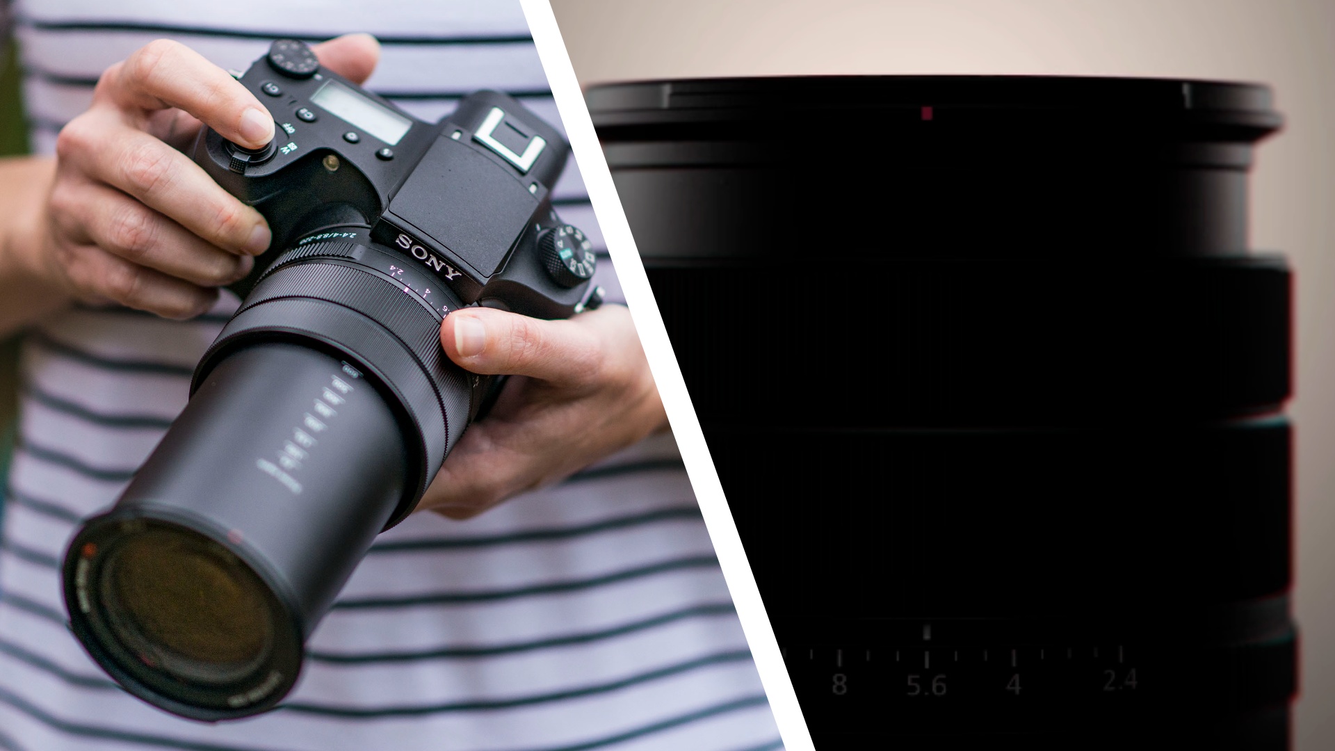 The Sony RX10 IV bridge camera in person's hands, alongside a silhouette of an upcoming RX10 camera, teased by Sony