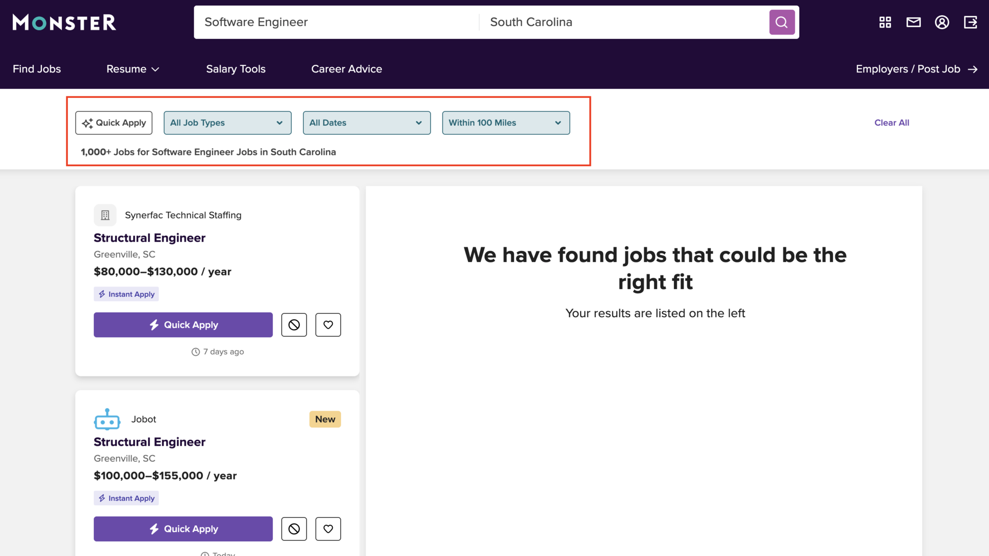 A sample job search with advanced search filters on Monster&amp;rsquo;s database