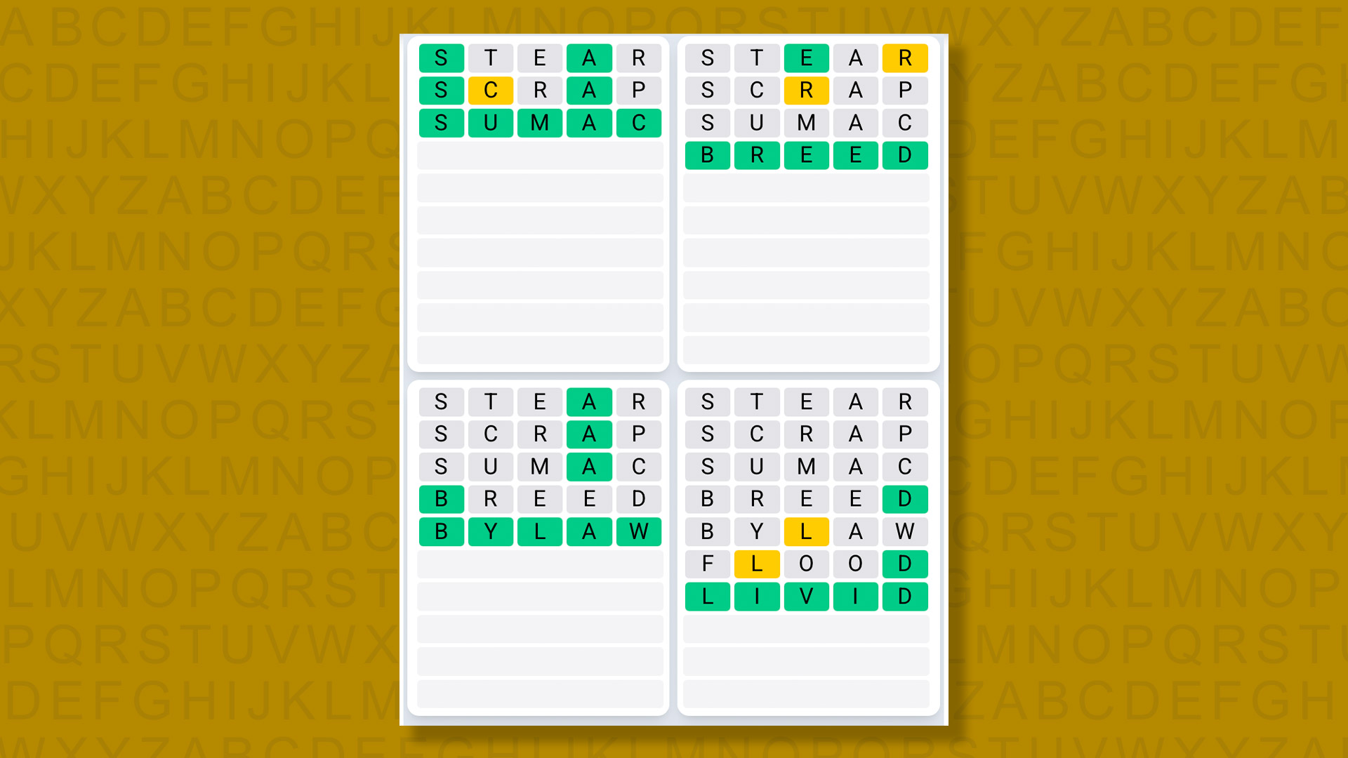 Quordle Daily Sequence answers for game 1565 on a yellow background