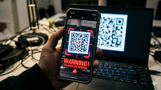 A hand holding a mobile phone scans a QR code on a blurry laptop screen. The phone issues a warning that the QR code could be malicious.