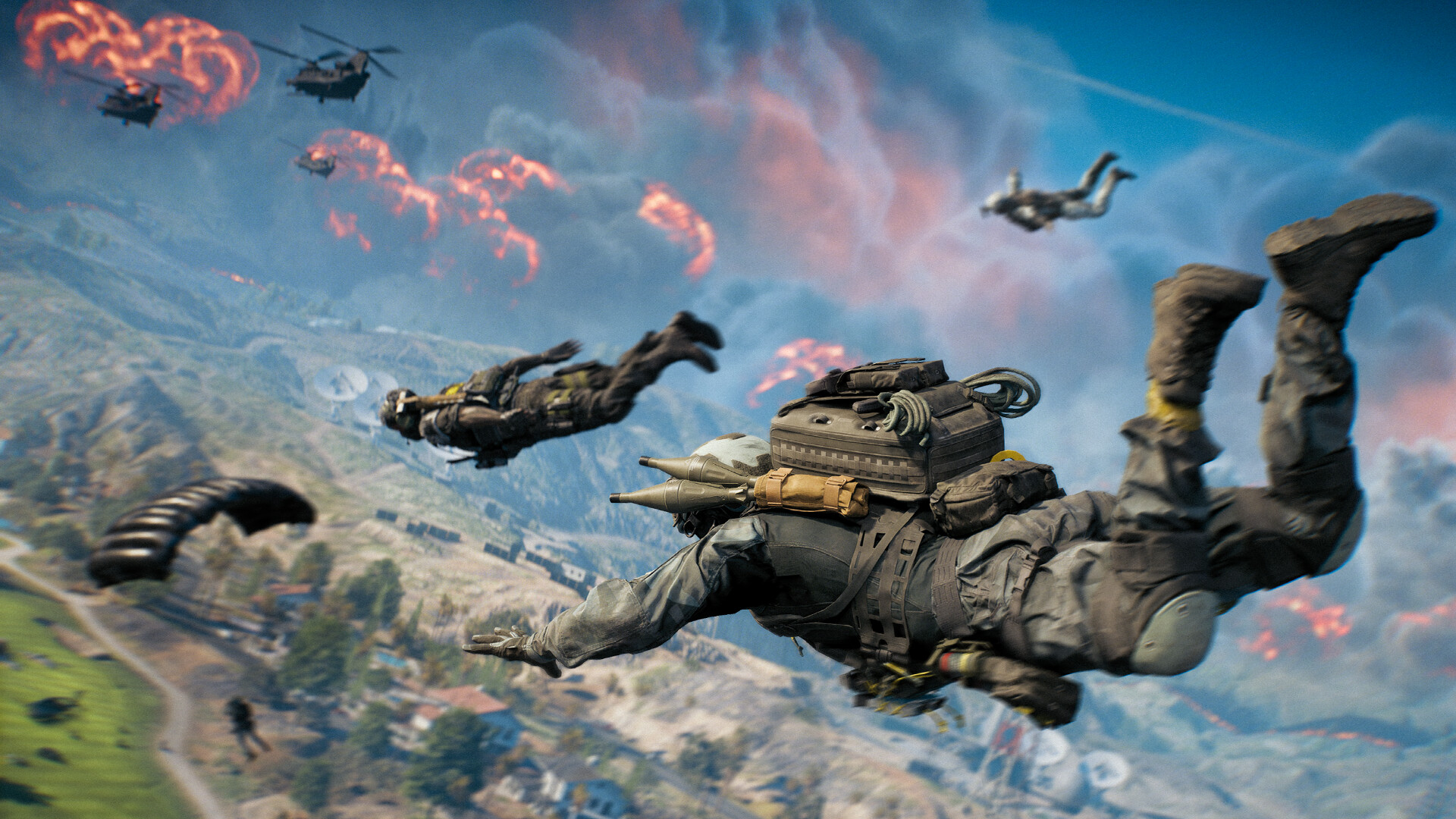 Soldiers drop in from the skies as explosions blast below them