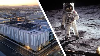 Composite image of data center and Apollo astronaut on the moon.